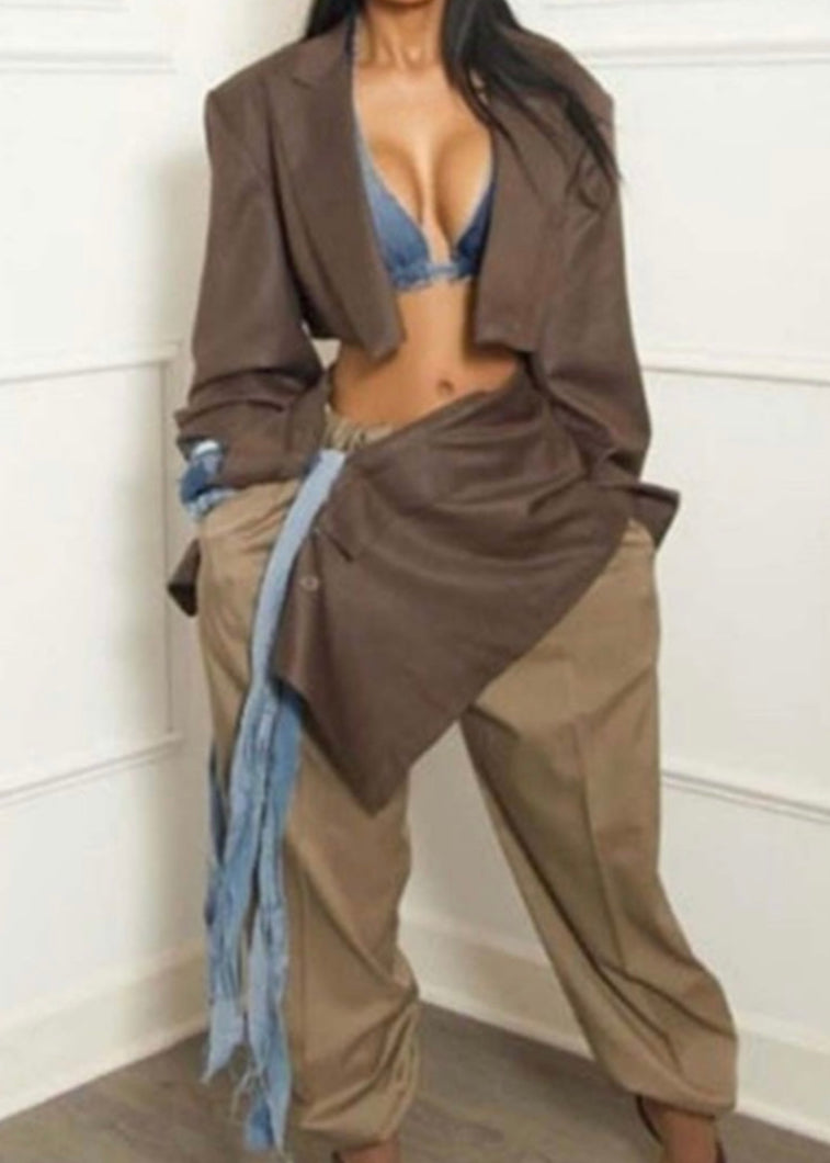 CROPPED BLAZER 3 PIECE SET (BROWN)